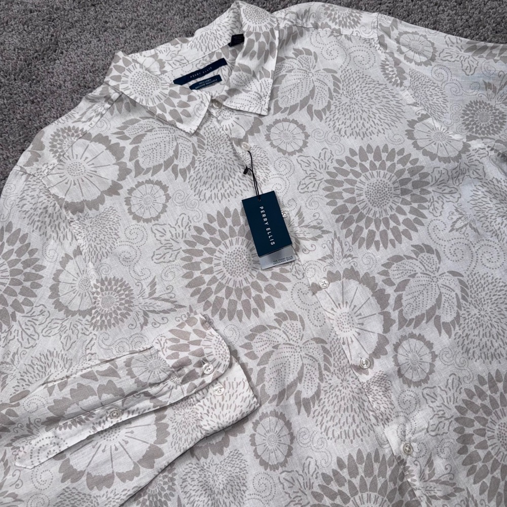 Perry Ellis Untucked Shirt Mens Linen Floral Sunburst White Tan 2XL NEW